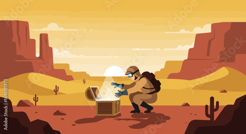 Treasure hunter finding a glowing chest in the desert, discovering fortune, adventure
