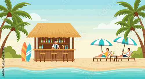 Tropical Beach Bar Scene with Palm Trees, Sunbathers and Surfboards Cartoon Illustration