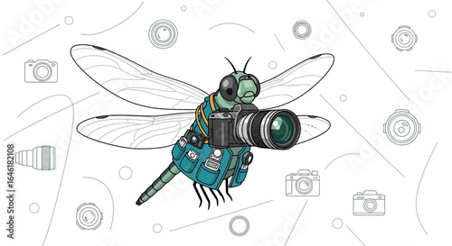 Whimsical Dragonfly Photographer Illustration with Camera Equipment Backdrop for Creative Projects