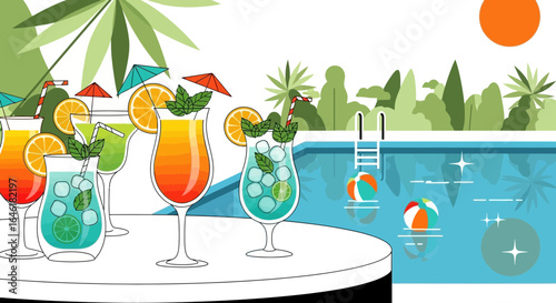 Tropical Cocktails By The Poolside With Palm Trees And Refreshing Drinks