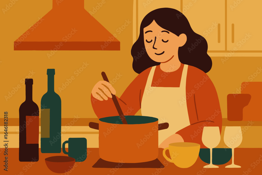 Flat vector illustration of a young woman cooking spaghetti in a kitchen with a counter in the background, representing the concept of cooking food at home Flat vector illustration of a young woman cooking spaghetti in a kitchen with a counter in the background, representing the concept of cooking food at home