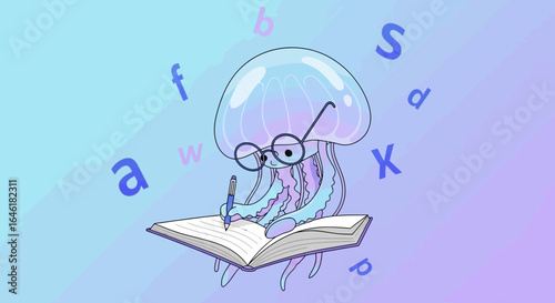 Whimsical illustration featuring an intellectual jellyfish writing in an open book surrounded by alphabet letters