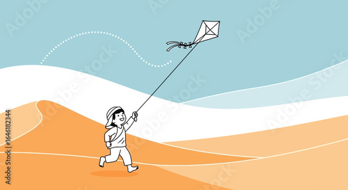 Whimsical illustration of a boy flying a kite on a sunny day with hills in the background evokes carefree childhood memories