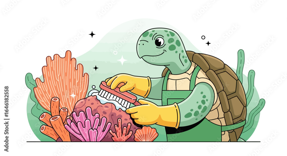 Naklejka premium Turtle Cleaning Coral Reef Illustration For Environmental Awareness Campaign