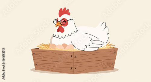 Whimsical illustration of a hen wearing glasses sitting in a wooden box with eggs hatching future chicks