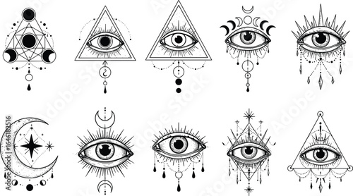 Mystical eye symbols, esoteric art vector, occult design, spiritual eye illustrations, sacred geometry, magical symbols, cosmic eye drawings, mystical tattoo designs