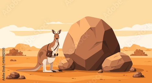 Whimsical illustration of a kangaroo exploring the australian outback with a satchel bag