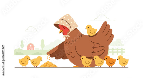 Whimsical illustration of a mother hen feeding her adorable chicks in the farmyard scene
