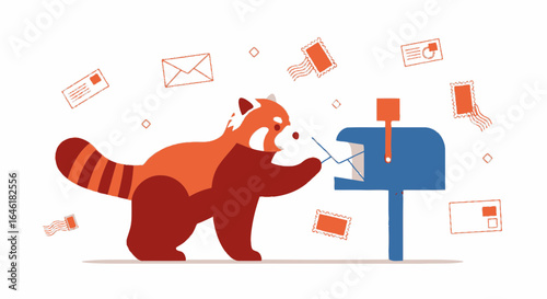 Whimsical Illustration of a Red Panda Mailing a Letter with Floating Envelopes and Stamps surrounding the subject