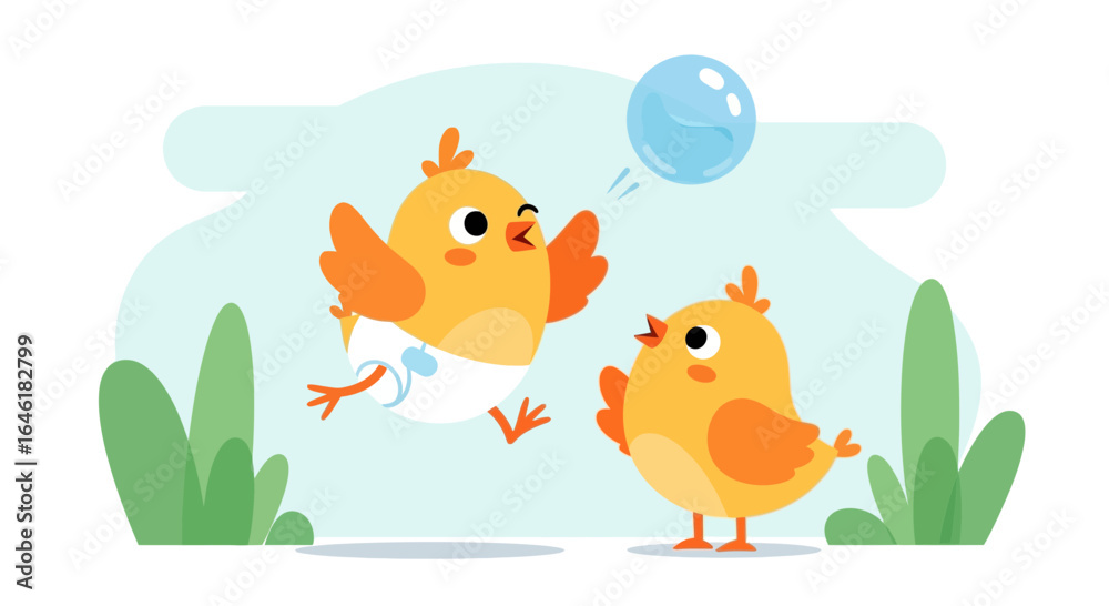 Naklejka premium Two playful chicks interacting with a bubble in a whimsical outdoor setting happy
