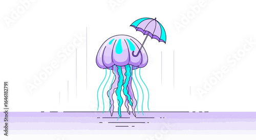 Whimsical jellyfish under umbrella on rainy backdrop provides an imaginative illustration offering a dreamy and surreal oceanic scene
