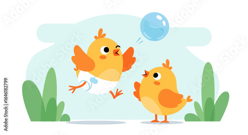 Two playful chicks interacting with a bubble in a whimsical outdoor setting happy