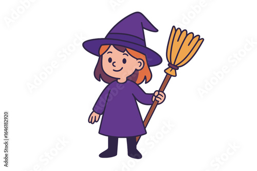 Adorable young witch in a purple hat and dress grasping a broom