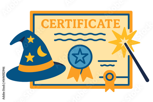 Educational school certificate template featuring a Halloween kids diploma with wizard and witch hats, vector award frame, cartoon magic caps, and spooky glow ghost faces for party or holiday