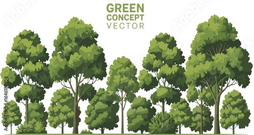 PriGreen forest trees illustration, lush foliage landscape vector, natural environment concept, eco friendly design, botanical nature background, fresh greenery scenery artt