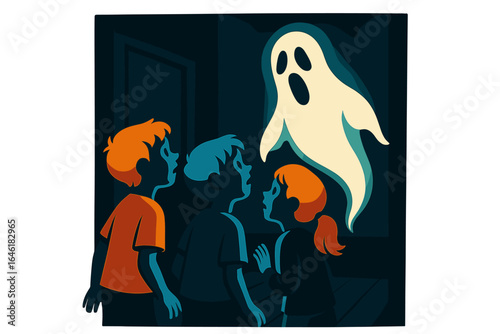 A haunted house with jack-o'-lanterns is the backdrop for kids in costumes as they confront a glowing ghost on Halloween