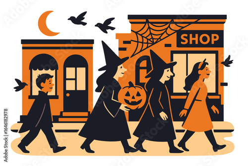 Depiction of a Halloween evening with kids going door to door for candy in front of shops filled with sweets