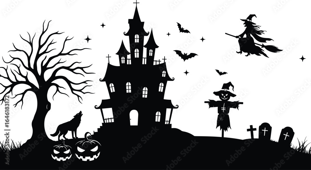 Halloween silhouette set, haunted house graveyard witch bat wolf tree, spooky clipart illustration, scary pumpkin scarecrow vector, spooky night design