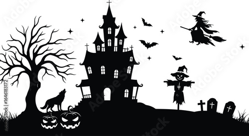 Halloween silhouette set, haunted house graveyard witch bat wolf tree, spooky clipart illustration, scary pumpkin scarecrow vector, spooky night design