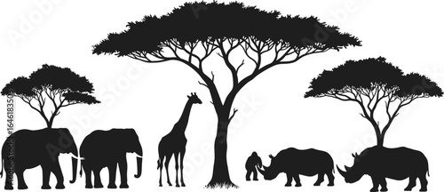 African wildlife silhouette, savanna animal vector, acacia trees illustration, elephant giraffe rhino gorilla under tree, cad drawing flat vector illustration, safari design
