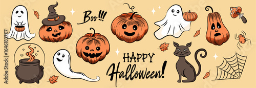Jack-o-lantern set. Vector happy Halloween party invitation card with spooky pumpkins, black cat, ghosts, witch cauldron, spider web and fly agaric. Hand drawn sketch illustration clipart.