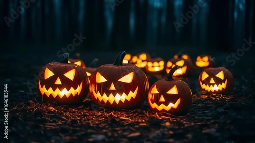 Wallpaper Mural Several glowing jack-o'-lanterns with carved faces are arranged together, creating a spooky and festive atmosphere in the darkness. Torontodigital.ca