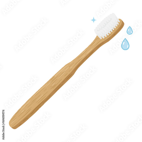 Illustration of a wooden toothbrush with white bristles and two water droplets nearby on white on transparent background