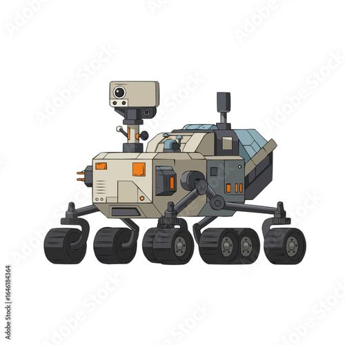 Illustration of a cartoonish rover with six wheels and a camera on top on a white background on transparent background