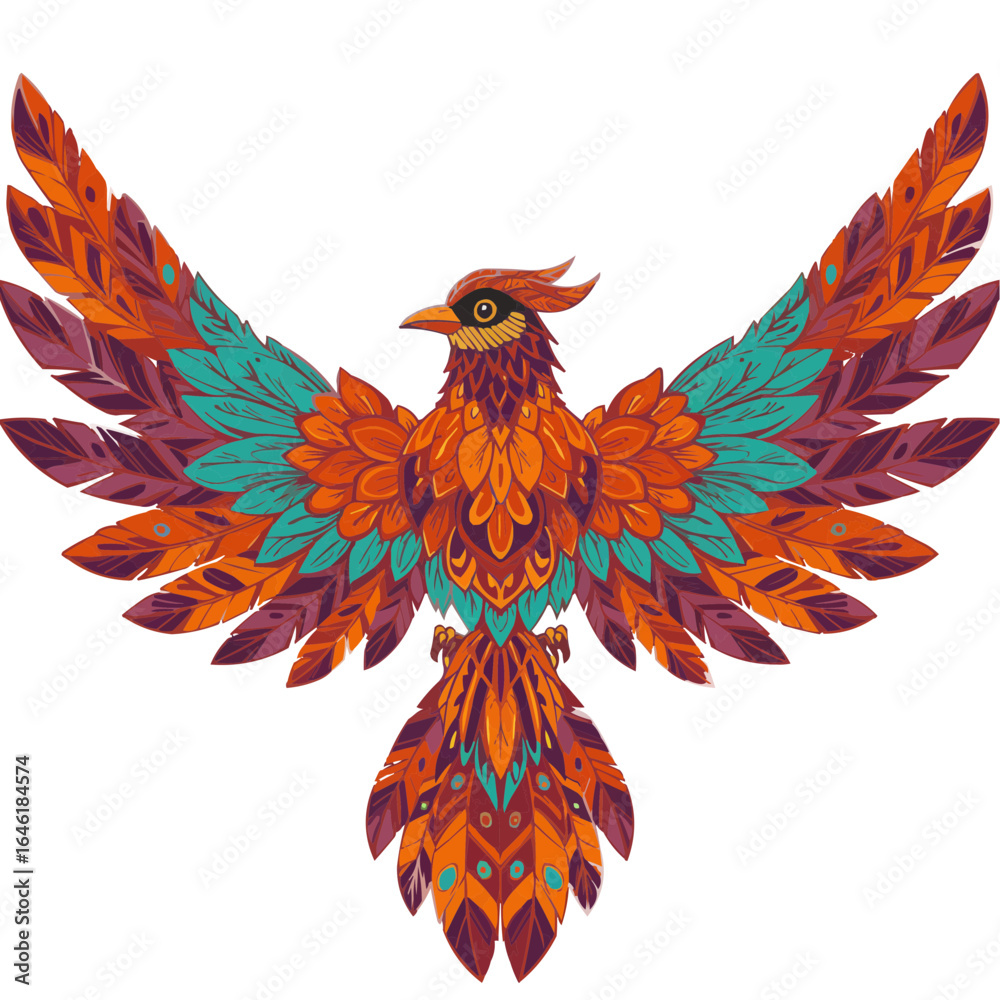 Illustration of a colorful phoenix with wings spread out against a white background space around it on transparent background Illustration of a colorful phoenix with wings spread out against a white background space around it on transparent background