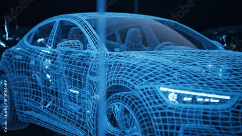 3D Wireframe of Modern Electric Car within Geometric Cube
