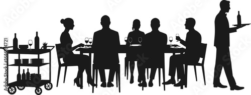 Silhouette of restaurant scene, six people dining, waiter serving wine, serving cart, black figures, white background, minimal design