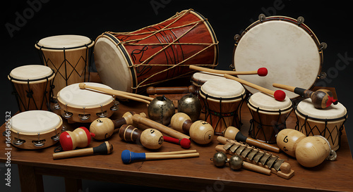 Varied collection of percussion instruments including drums, tambourines, maracas and a metallophone.