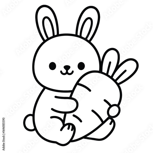 Cute Rabbit With Carrot Illustration: A charming illustration showcases a cuddly rabbit lovingly embracing a single carrot, embodying simplicity and cuteness.