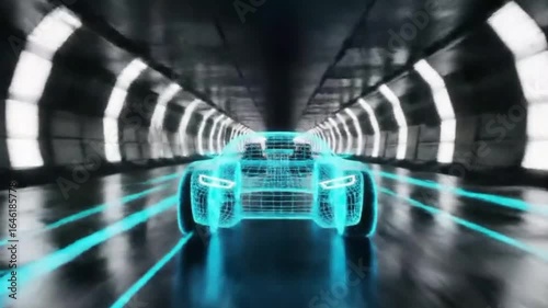 Futuristic Car Wireframe Driving Fast in Tunnel