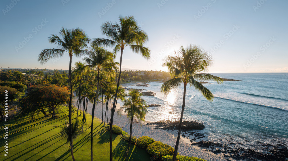 Obraz premium stunning view of hawaiian coastline where sunlight pierces through lush palm trees creating magical atmosphere