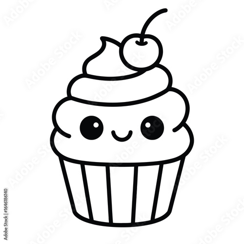 Sweet Treat: A cute cupcake adorned with a swirl of frosting, topped with a cheerful cherry. This delightful illustration is perfect for adding a touch of sweetness and fun to any project.