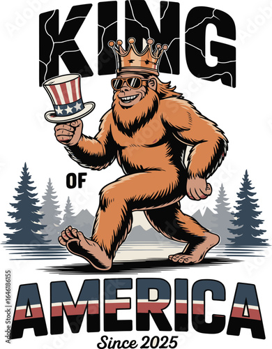 Bigfoot's Reign: A majestic cartoon illustration of Bigfoot, adorned with a regal crown and sunglasses, strides purposefully, holding a festive hat, epitomizing the essence of playful, yet imposing.