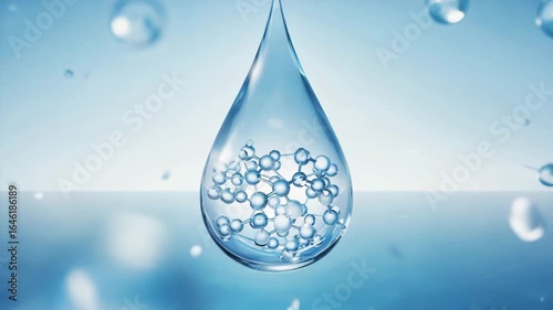 Hyaluronic acid molecules dance within a vibrant droplet, promising hydration and glowing beauty, showcasing a modern scientific approach in skin care and wellness treatments