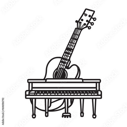 Vector art of artistic illustration of a guitar resting on a piano, symbolizing the fusion of different musical genres and instruments, isolated on white background
