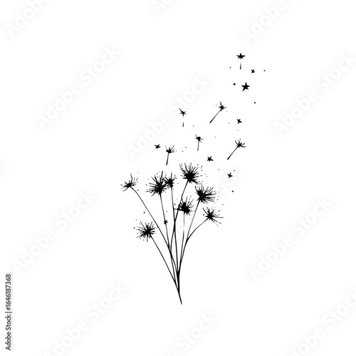 Dandelion flower blowing in the wind vector art illustration nature botanical floral design black and white drawing