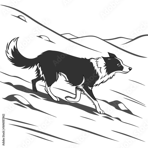 Minimal silhouette of Border Collie running in snow, monochrome style, seamless vector.
