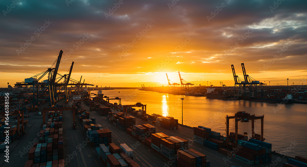 Obraz premium Cargo harbor with cranes and shipping containers glow beneath a vibrant and colorful sunset sky.