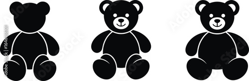 Cute black teddy bear icons, minimalist and detailed plush toy illustrations, children’s stuffed animal clipart, vector silhouettes for kids designs