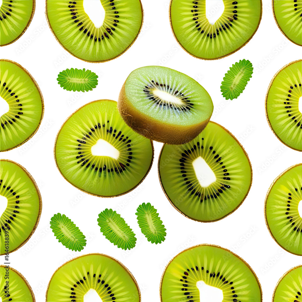 Fototapeta premium Sliced kiwi fruit arranged in a creative pattern on a white background showcasing vibrant colors and textures