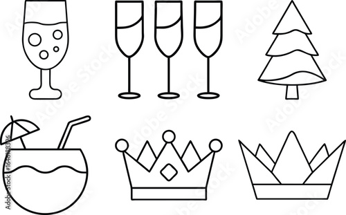 Celebratory Icon Set Outlined Featuring Festive Drinks Holiday Symbols and Regal Crowns Perfect for Events and Special Occasions Projects with Clean Lines and Clear Shapes