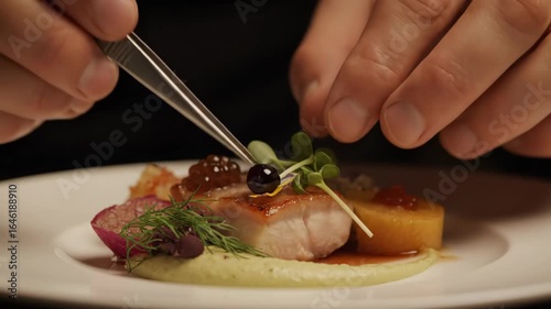 Chef Preparing Gourmet Dish with Tweezers - Close-up shot of a chef's hands delicately placing a garnish on an elegant plated meal using tweezers.