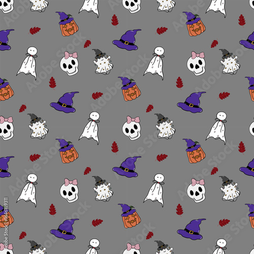 Halloween Pattern With Pumpkins, Ghosts, Skulls, and ghosts
