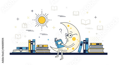 Whimsical Reading Illustration of a Moon Character Enjoying a Book Surrounded by Books and Stars