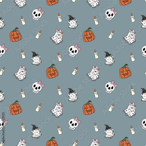 Halloween Pattern With Pumpkins, Ghosts, Skulls, and ghosts