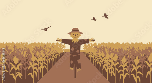 Whimsical scarecrow illustration in autumnal cornfield with flying birds illustration
